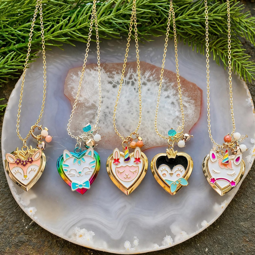 Animal Heart Locket Necklace, Deer Cat Llama Penguin Unicorn Jewelry ...