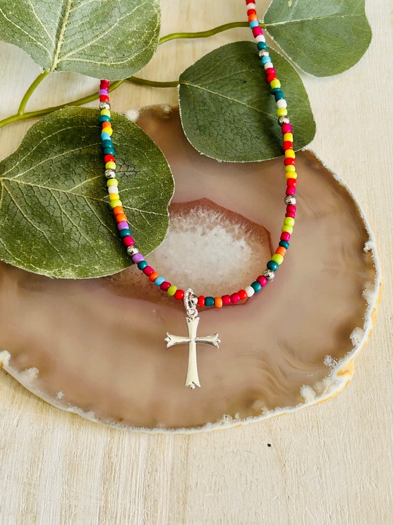 Seed Bead Cross Pendant Beaded Necklace Womens Religious Church Baptism Necklace Etsy UK