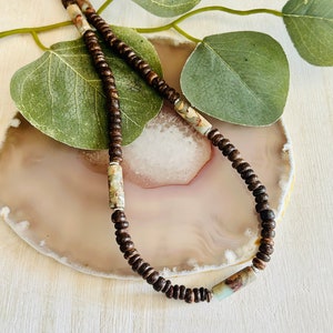 Jasper And Coconut Shell Beaded Necklace, Women’s Gemstone Beach Tropical Necklace