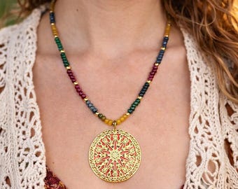 Colored Quartz Beaded Necklace with Gold Mandala Pendant, Boho Statement Necklace, Multicolor Gemstone Jewelry Gift