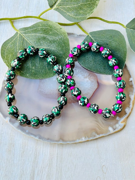Camo Green, Pink, and Black Beaded Stretch Bracelet , Kids Boho