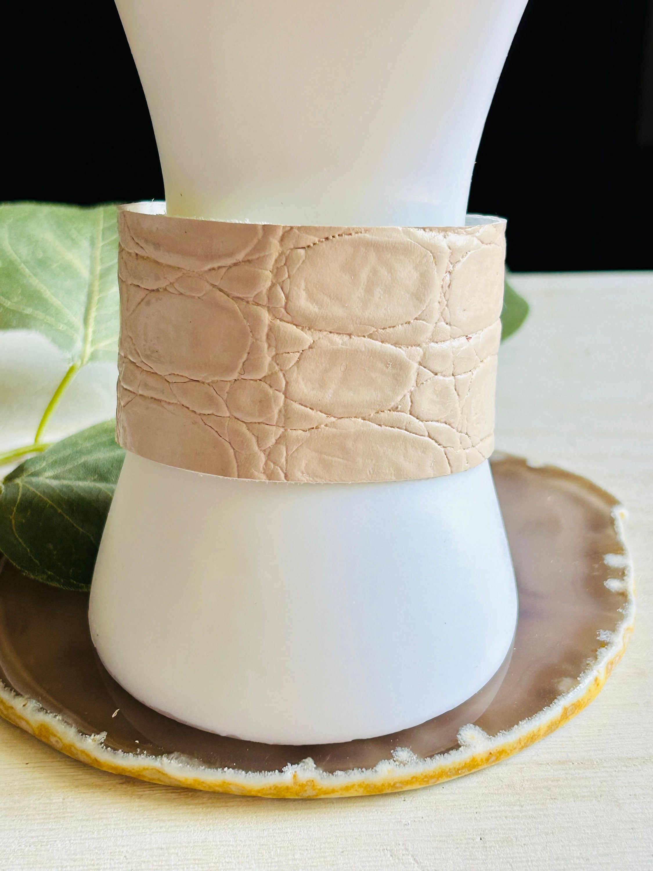 Neutral Croc Embossed Leather Cuff Bracelet | Beige Wide  display picture 2
