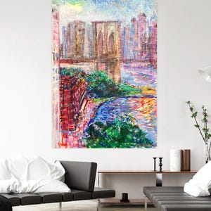 Large Oil Painting on Canvas New York Cityscape, Brooklyn Bridge Painting, Urban Landscape, New York Skyline, Living Room Office Wall Decor