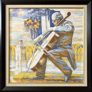 Pintura de paisagem surreal, pintura a óleo original em moldura, Guerra e paz, arte de paisagem urbana, 11 de setembro, Rostropovich, de Turansky Alexander