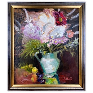 Original Floral Still Life Painting by Alexander Repka, Hand-painted Oil on Canvas, Framed Flower Art, Bouquet Painting, 60 x 70 cm