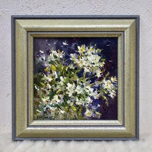 Pintura al óleo impresionista floral: Flores blancas, marco dorado, Sergei Stupka