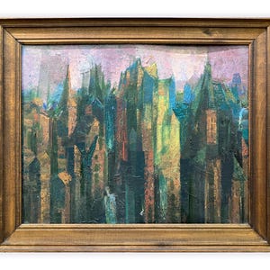 Pintura a óleo vintage abstrata paisagem urbana emoldurada, arte de parede de paisagem urbana, arte expressionista retrô, pintura soviética de Volodymyr Pavlyshyn