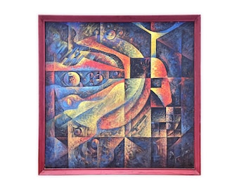 Stolen World – Original 1990 Vintage Tempera Painting, Abstract Symbolism, Lost Civilization Art, Geometric, Surreal by Yaroslav Burda