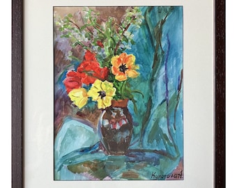 Oryginalny obraz akwarelowy z tulipanami w ramie, martwa natura z kwiatami, gotowy do powieszenia