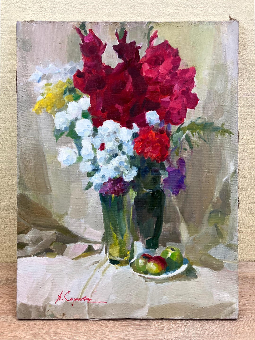 Vintage Oil Painting on Canvas Flowers & Apples, Colorful Original ...