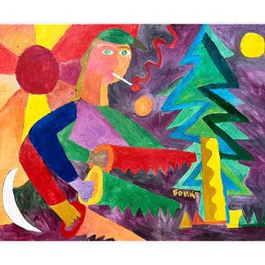 Bold Colorful Painting on Canvas, Contemporary Folk Oil Art, Abstract Forest Painting, Modern Avant-Garde Wall Decor by Peter Boyko