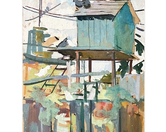 Birds Vintage Watercolor Painting, Pigeons Art, Farmhouse Landscape by Kokin Mikhail, Rustic Nature Wall Decor