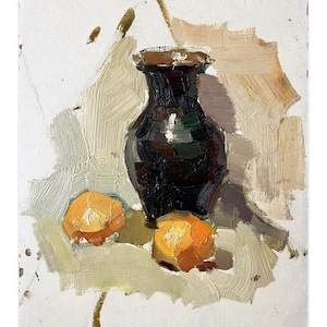 Pintura a óleo de natureza morta vintage com laranjas, natureza morta com frutas, decoração minimalista para parede de cozinha, arte com frutas, arte rústica para cozinha por Mikhail Kokin