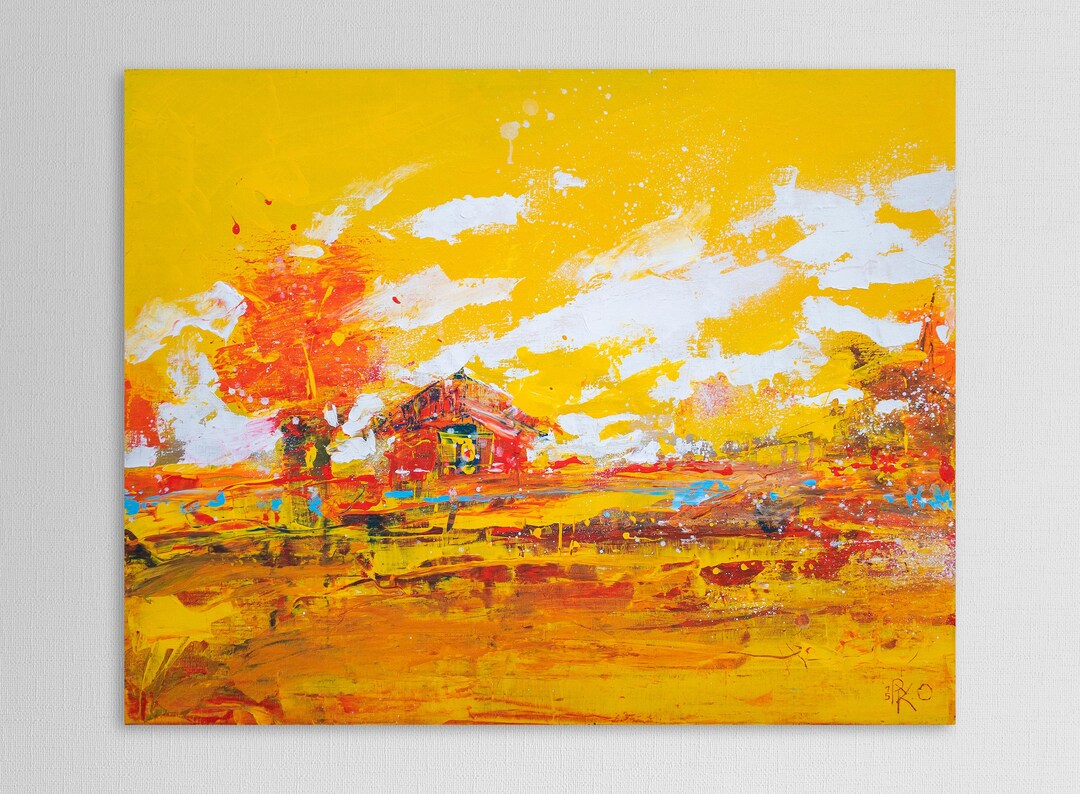 Abstract Countryside Landscape Painting on Canvas, Vibrant Yellow Art ...