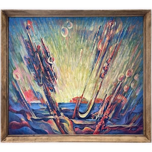Decoração de parede surreal, pintura vintage original, nascer do sol abstrato, futurista, expressionismo, pintura incomum, arte soviética de Yaroslav Burda