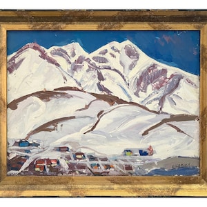 Vintage Mountain Landscape Painting, Original Oil on Canvas, Winter Scene Art, Snowy Mountains, Rustic Wall Art by Mikhail Kokin 1980 year