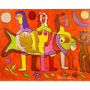 Orange Surreal Landscape Art, Surrealist Painting, Abstarct Pop Art, Whimsical Art by Petr Boyko, Surreal Oil Painting on Canvas, Bold Art