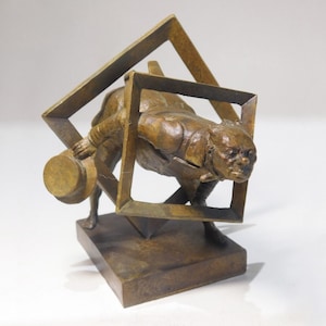 Funny bronze sculpture of man break your frames in satirical style for 8th Anniversary gift