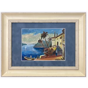 Vintage Framed Oil Painting: Mediterranean Seaside Coastal Art