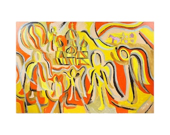 The road to the temple, Large Abstract Expressionist Painting, Church, Human Figures, Original art, oil, canvas, avant-garde, Boyko Peter