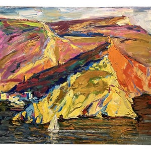 Large Colorful Landscape Art, Textured Mountain Seascape, Coastal Wall Decor, Original Oil Artwork, Warm Colors Wall Art by Andrey Chebotaru