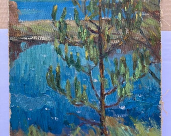 Pintura al óleo impresionista vintage de 1974, Lago azul y pino, paisaje natural de verano de Shadrin Alexander.