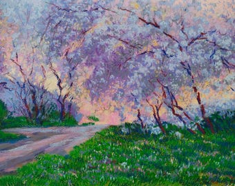 Flowering Tree Landscape Art, Spring Blossom Landscape, Nature Wall Decor, Colorful Original Artwork, artist Olena Polovna-Vasylieva