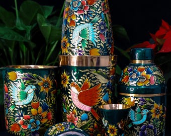 Artículos de bar mexicanos de cobre pintados a mano – Colección “Canarios” / Herramientas y vasos de cobre martillado para coctelería / Set de regalo para barman