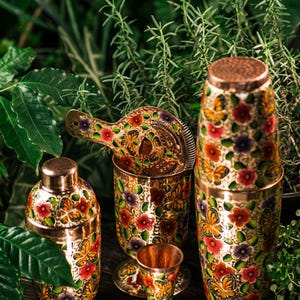 Mexikanskt handmålat kopparbarbestick – “MARIPOSA”-kollektionen | Hamrad kopparmixverktyg och dricksbestick | Bartenderpresentset