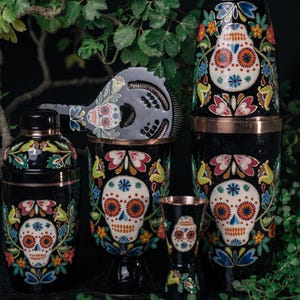 Handmålad kopparbarset – Calavera Skull Design – Cocktailverktyg eller komplett kit