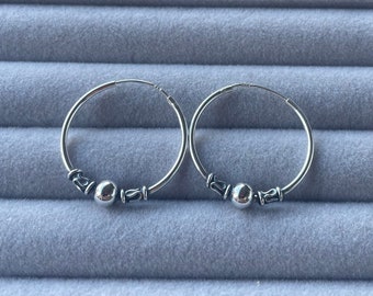 Sterling Silver Bali Bead And Swirl Hoop Earrings- Silver Bali Hoop- Sleeper Hoop Earrings