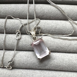 Sterling Silver Natural Rose Quartz Pendant- Rose Quartz Necklace- Rose Quartz Rectangle Necklace