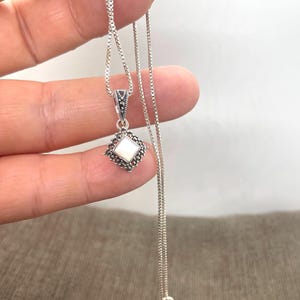 Sterling Silver Mother of Pearl Square Marcasite Pendant- Mother of Pearl Necklace- Marcasite Jewelry