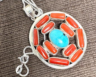 Italian coral 925 silver pendant - red coral pendant-turquoise pendant-coral necklace