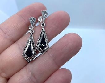 Sterling Silver  Black Onyx Marcasite Earrings- Onyx Earrings-Vintage Style-Dangle Earrings