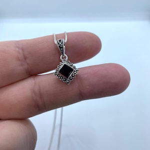 Sterling Silver Black Onyx Square Marcasite Pendant-Genuine Onyx- Sterling Silver Necklace