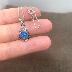 Sterling Silver Blue Opal Greek Pattern Pendant-Blue Opal Necklace-Greek Style Jewelry