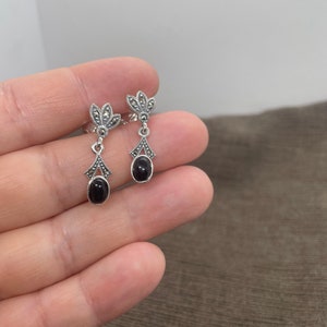 Sterling Silver Leaves Drop Black Onyx Marcasite Earrings-Silver Drop Earrings-Marcasite Jewelry