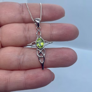 Sterling Silver Cross Pendant- Celtic Cross Pendant- Peridot Pendant-