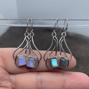 Sterling Silver Natural Moonstone Earrings- Flashing Labradorite Dangle Earrings- Gemstone Jewelry- Handmade Jewelry