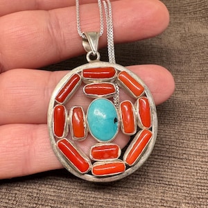 Italian coral 925 silver pendant - red coral pendant-turquoise pendant-coral necklace
