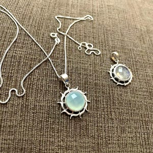 Sterling Silver Sunburst Necklace-Sunburst Moonstone Pendant-Sunburst Chalcedony Pendant