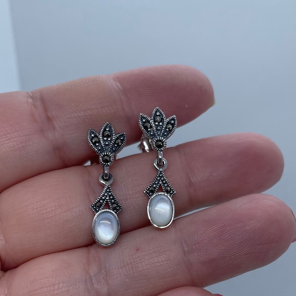 Sterling Silver Leaves Drop Oval Mother of Pearl Marcasite Earrings-Dangle Earrings