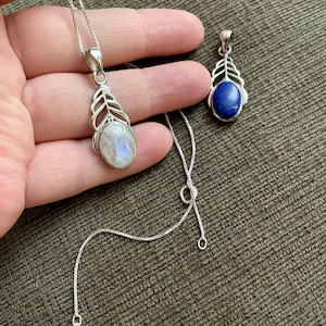 Sterling Silver Feather Lapis Lazuli Pendant-Sterling Silver Feather Moonstone Pendant- Gemstone Necklace