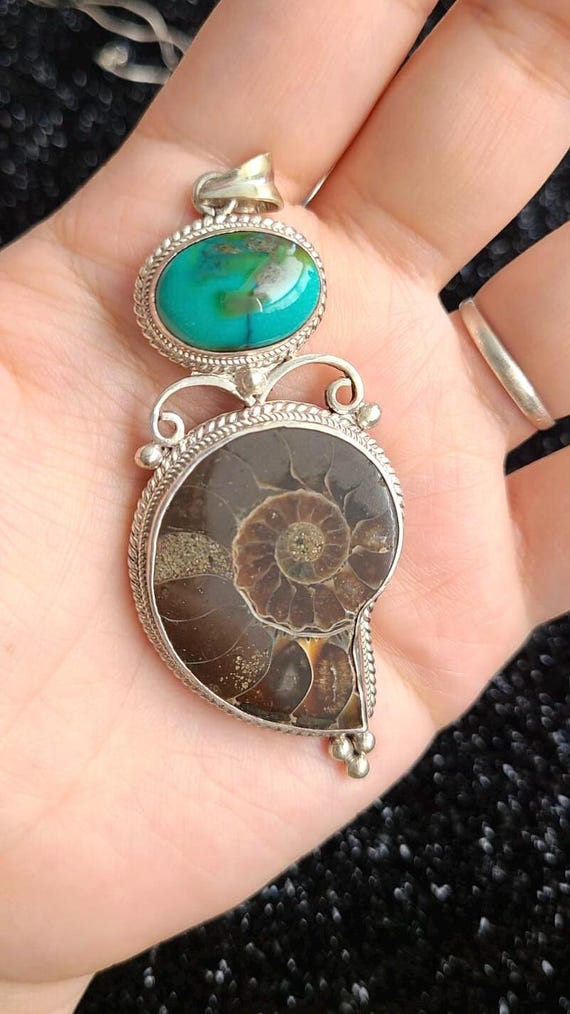 Sterling silver ammonite pendant-turquoise pendant- fossil-ammonite  pendant-spiral shell pendant