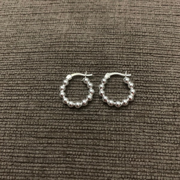 Sterling silver bead ball hoop earrings-minimalist-unique-cute-Gift-Light weight hoop