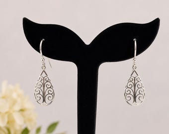 Sterling Silver Tree Of Life Teardrop Hook Earring-Dangle Earrings- Filigree Style