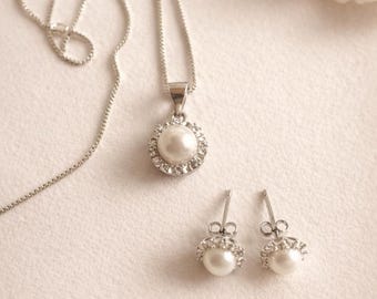 Sterling Silver Pearl Set, Dainty Pearl Necklace and Earrings, Bridal Jewelry