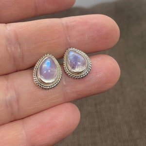 Sterling Silver Moonstone Stud Earrings- Flashy Blue Moonstone Earrings- Moonstone Jewelry