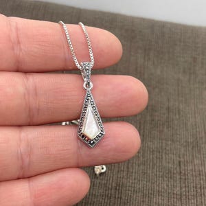 Sterling Silver Mother of Pearl DropMarcasite Pendant- Mother of Pearl Necklace